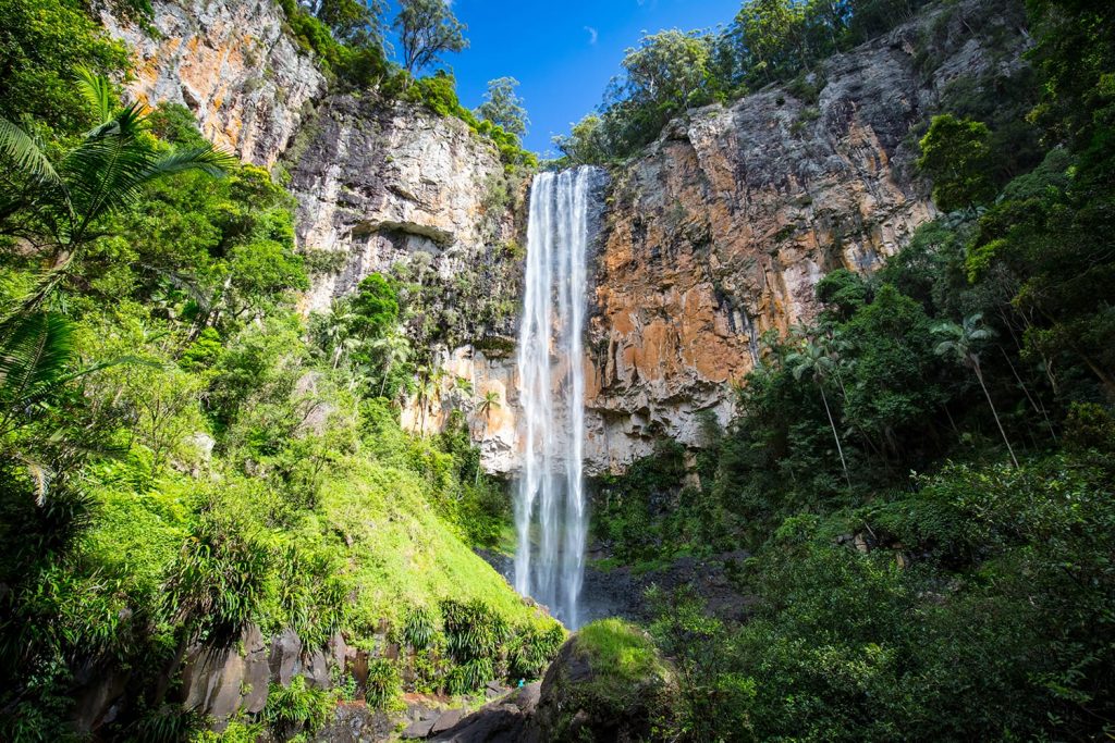 The majestic and iconic Purling Brook Falls on a warm autumn day in Springbrook National Park near the Gold Coast, Queensland, Australia