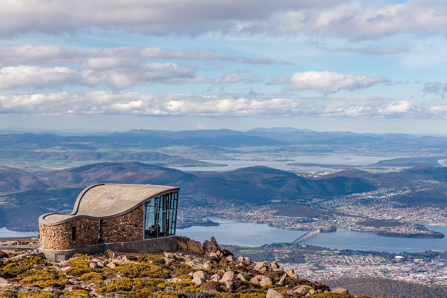 Mount Wellington Lookout structure overlooking the city of Hobart, Tasmania, Australia