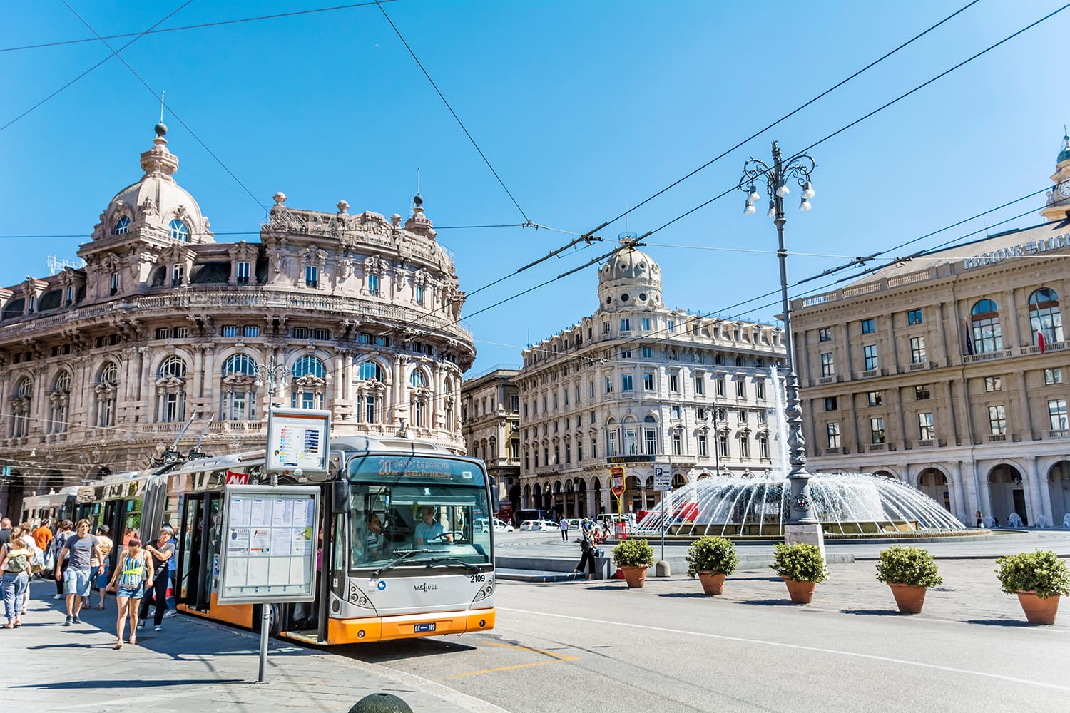 Bus station at Piazza de Ferrari in Genoa, Italy