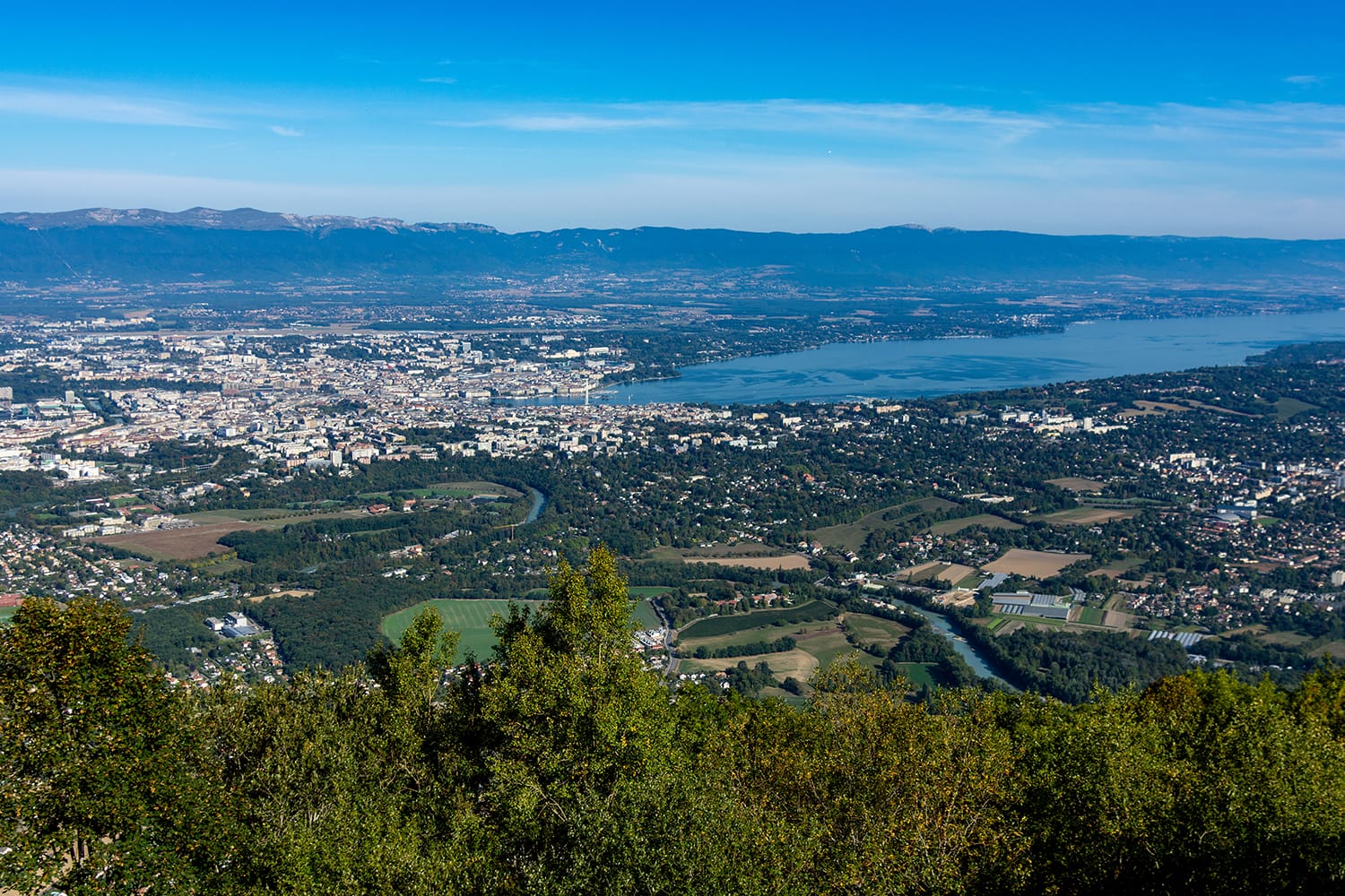 Aerial view of Geneva, Switzerland, lac lemon / geneva lake and the surounding landscape as seen from Mont-Saleve, France