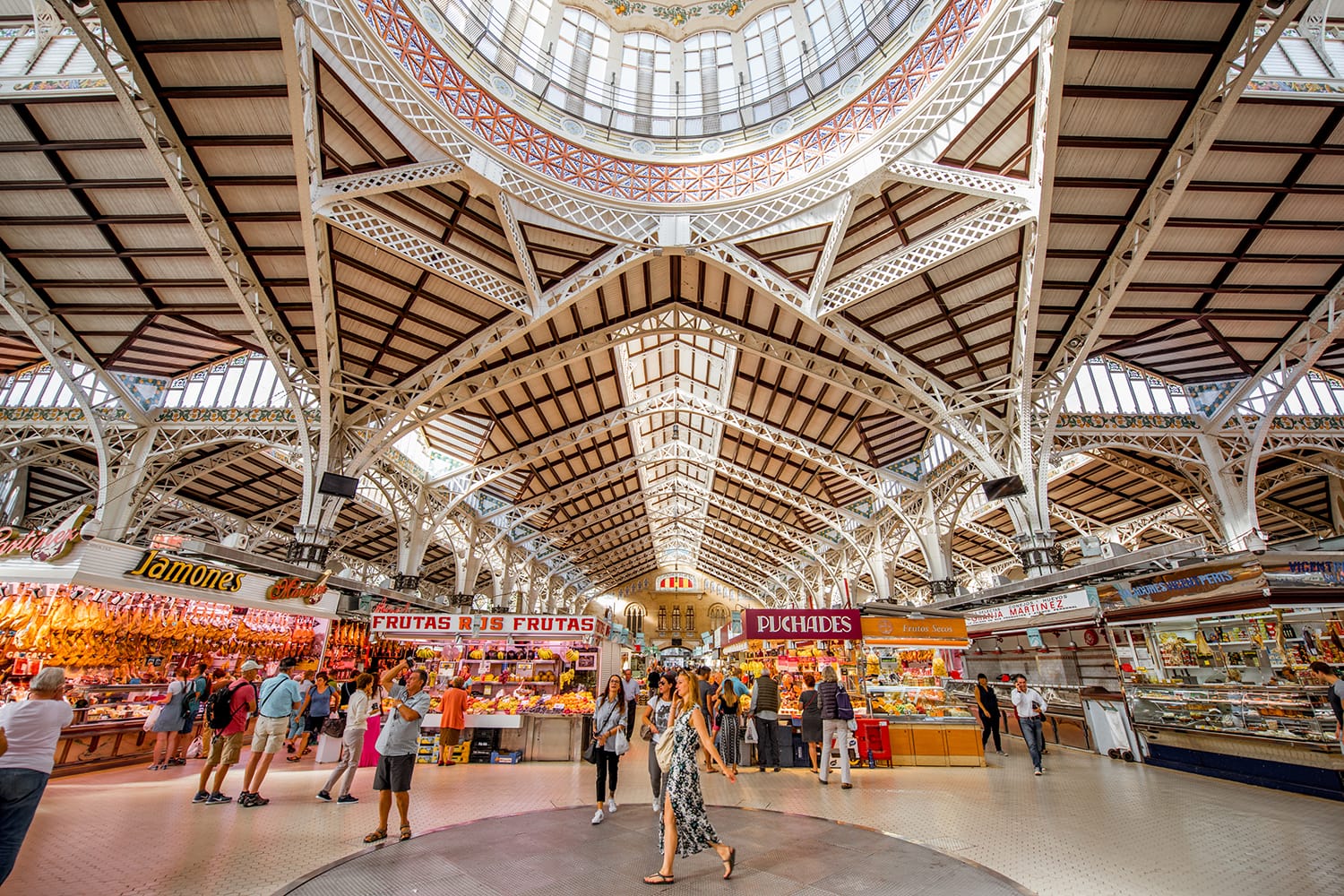 Interior of the central food market located in across from the Llotja de la Seda and the church of the Juanes in Valencia city