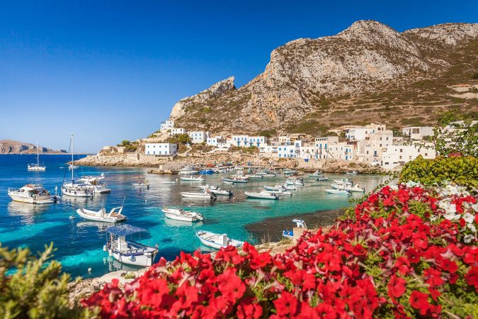 View of the village of Levanzo overlooking the small harbor, Egadi Islands, Italy