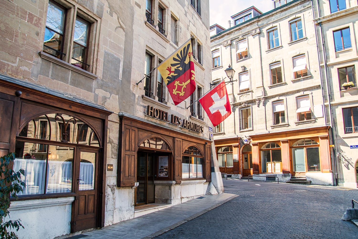 Hotel entrance on Rue Otto Barblan in Geneva Old Town