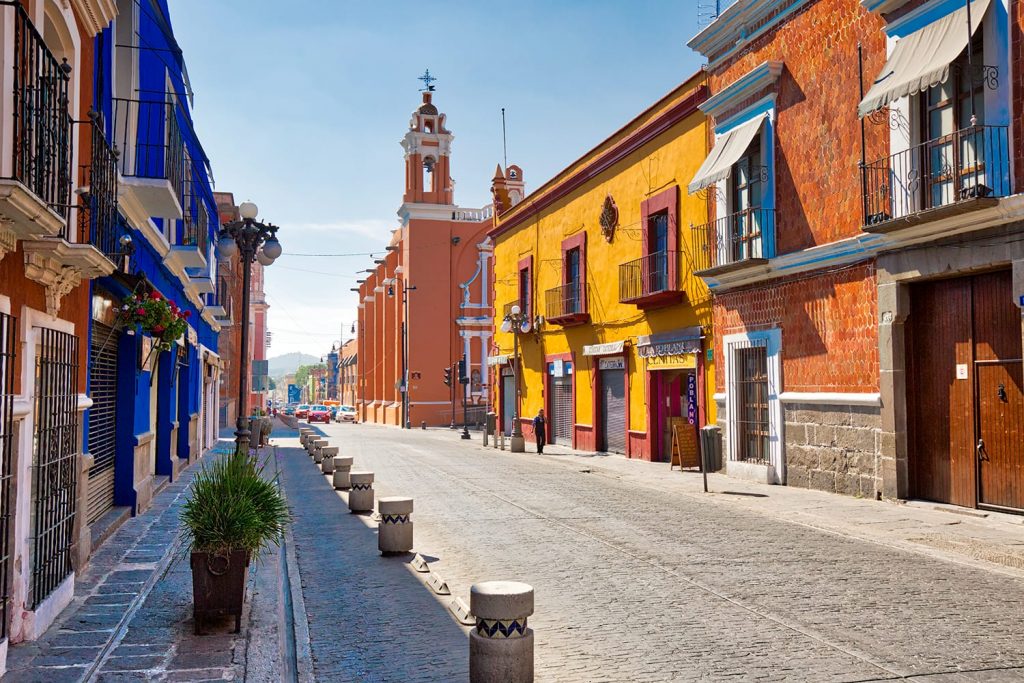 Street in the historic center of Puebla Mexico