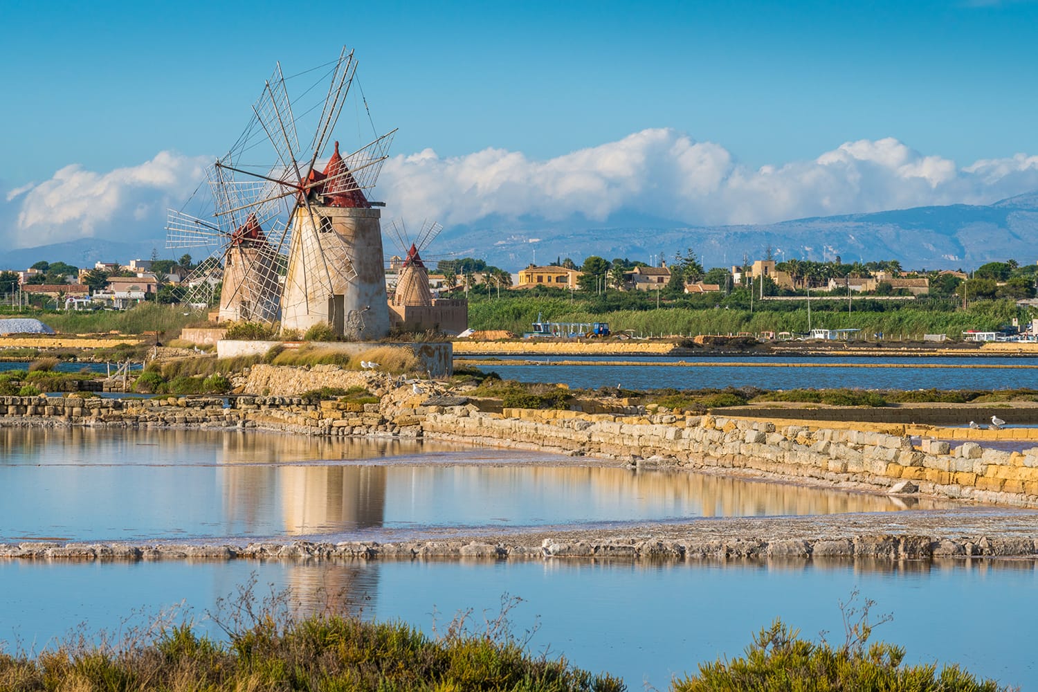 Windmills at the natural reserve of the "Saline dello Stagnone" near Marsala and Trapani, Sicily.