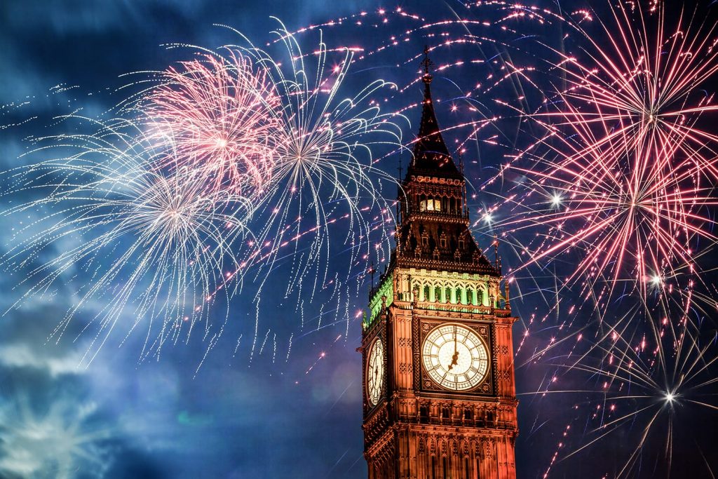 Fireworks on New Years Eve in front of Big Ben, London, UK
