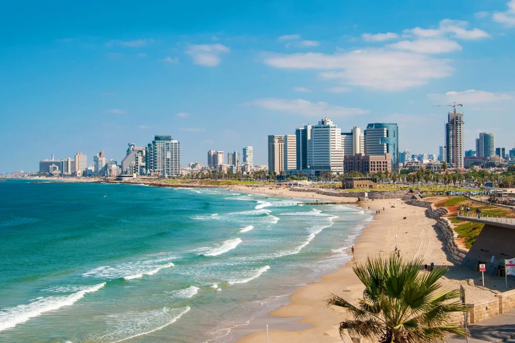 Beach and skyline in Tel Aviv, Israel
