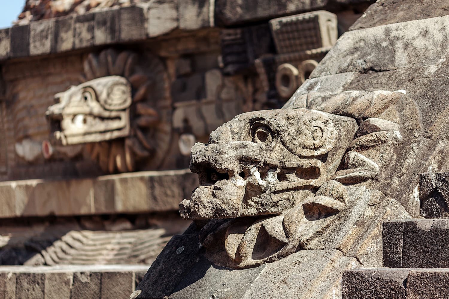 Carving details of Quetzalcoatl Pyramid at Teotihuacan, near Mexico City in Mexico