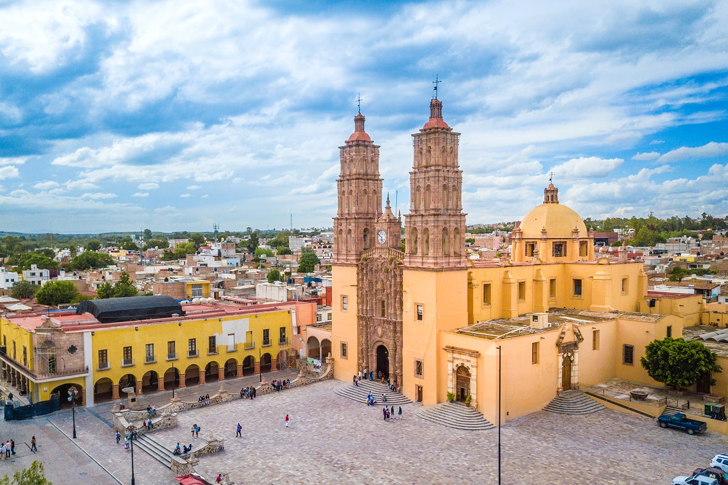 Beautiful aerial view of the main square and the church of Dolores Hidalgo in Guanajuato, Mexico