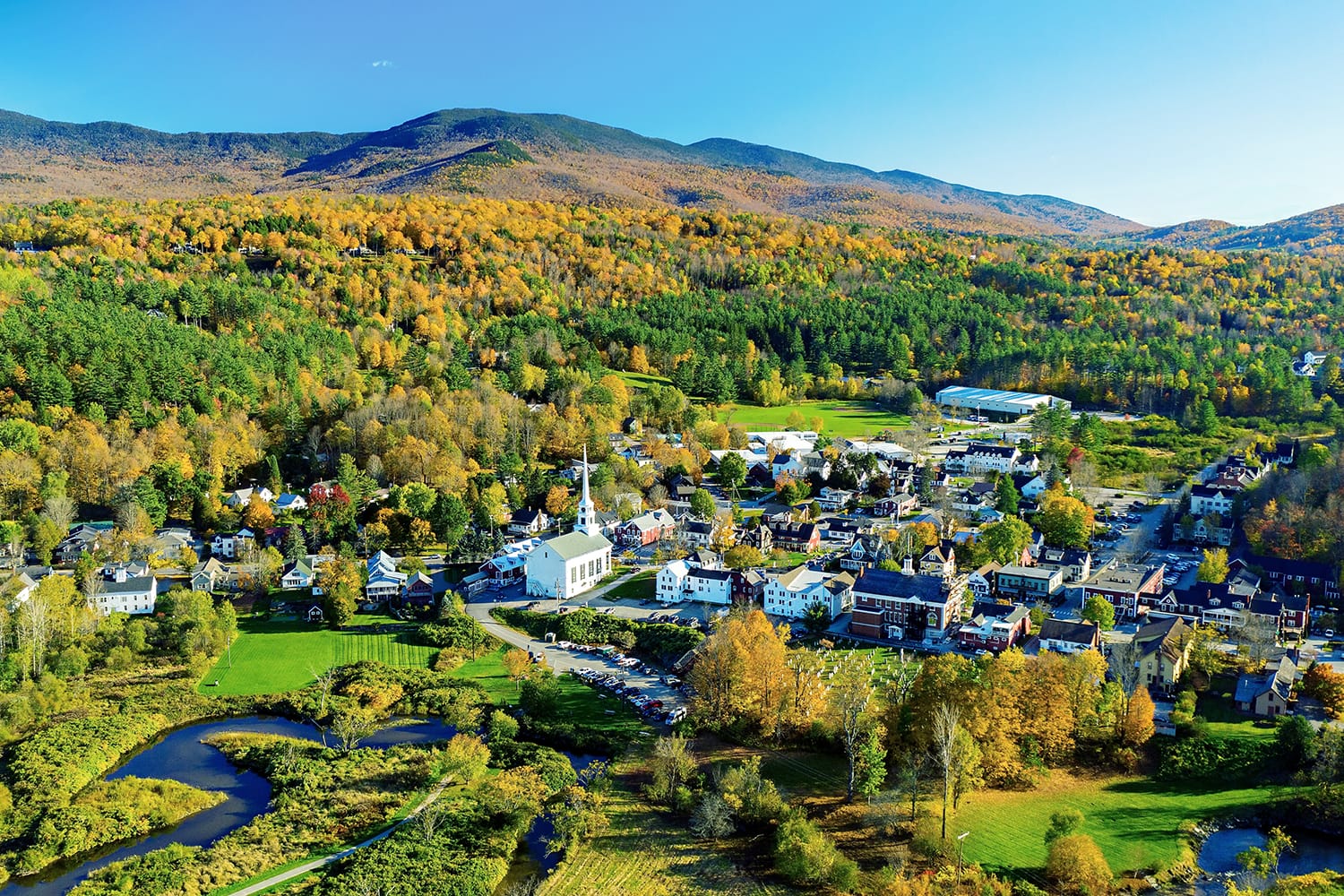 Fall colors in the village of Stowe, Vermont, USA