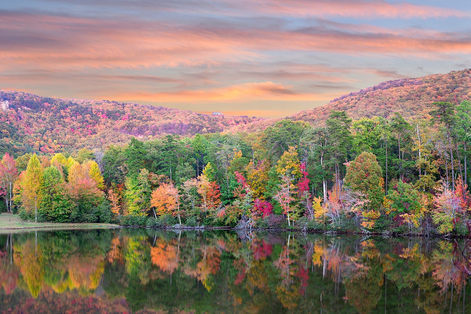 Panorama of the Beautiful Fall Foliage Reflected in the Lake at Cheaha State Park, Alabama
