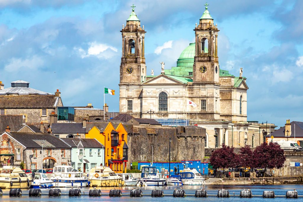 Beautiful view of the parish church of Ss. Peter and Paul and the castle in the town of Athlone next to the river Shannon
