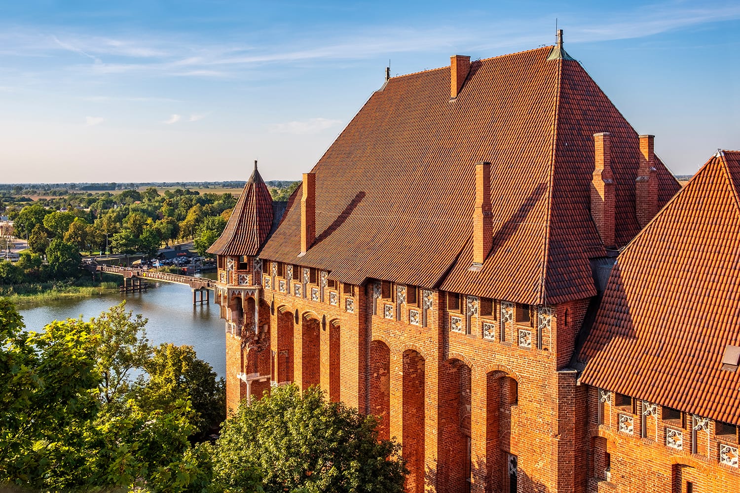Aerial panoramic view of the monumental gothic Grand Masters’ Palace in the High Castle part of the medieval Teutonic Order Castle by the Nogat river