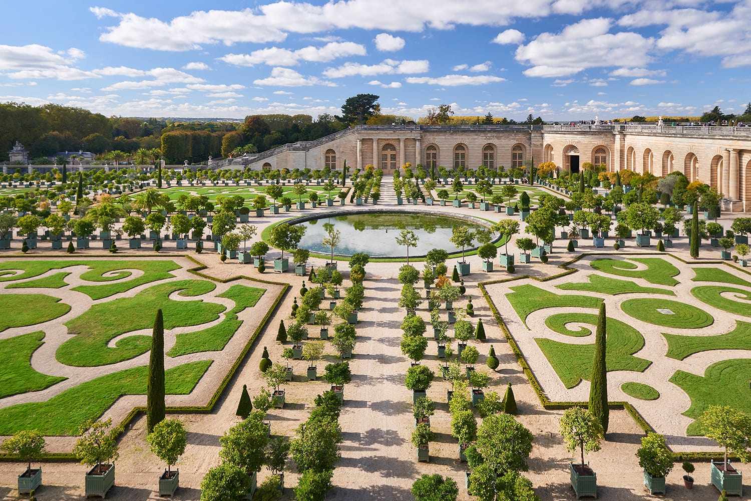 Versailles in Île-de-France region, renowned worldwide for its château, the Château de Versailles and the gardens of Versailles.