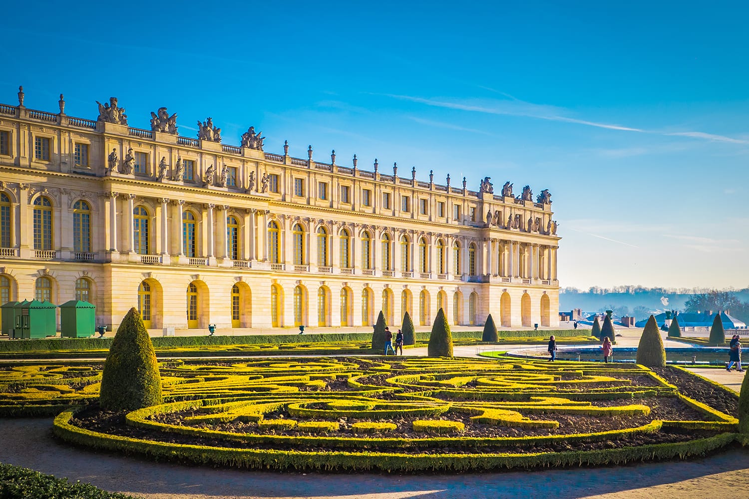 Famous Palace of Versailles with beautiful gardens outdoors near Paris, France. The Palace Versailles was a royal chateau and was added to the UNESCO list of World Heritage Sites.