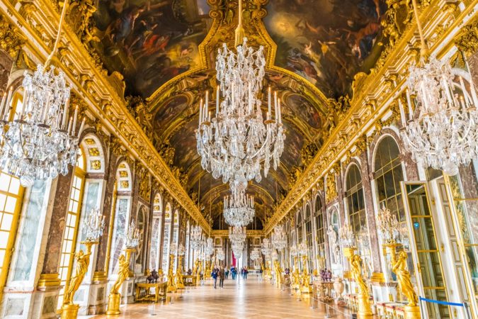 The Hall of Mirrors (Galerie des Glaces) of the Royal Palace of Versailles in France.
