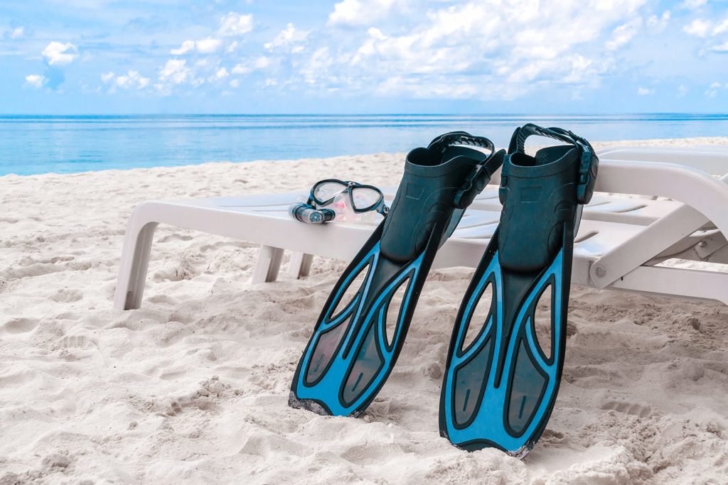 Fins and accessories for diving on the beach