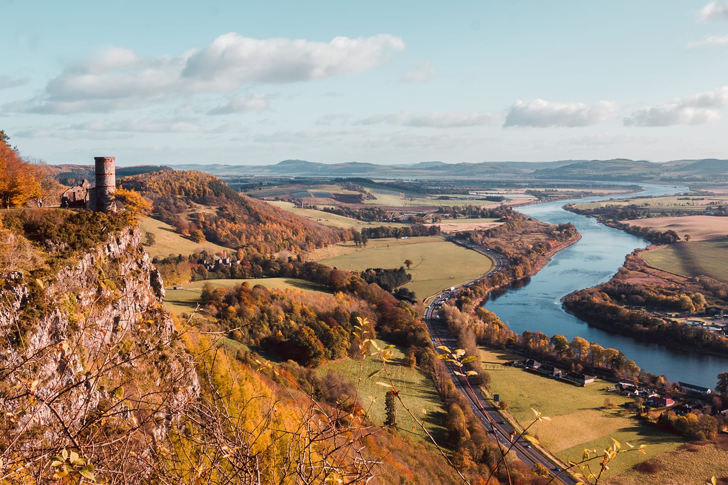 Kinnoull Hill tower ruins, Perth Scotland, overlooking the River Tay on a clear Autumn day