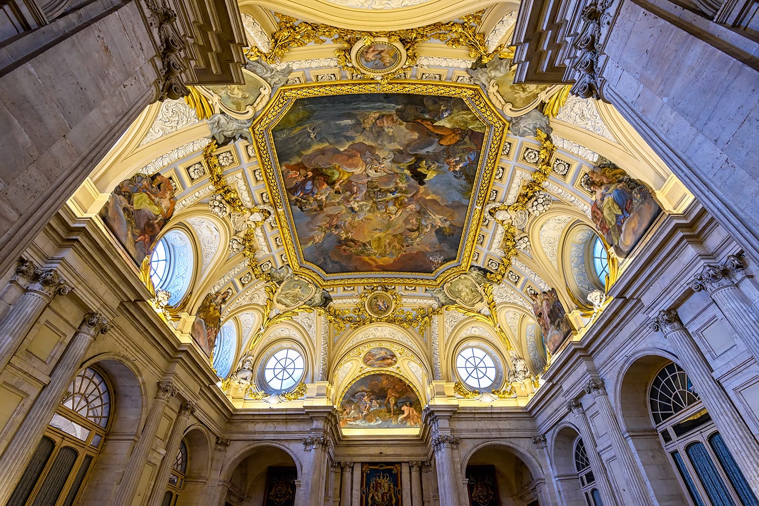 Moldings and the fresco Corrado Giaquinto (Spain Pays Homage to Religion and to the Church) in the Royal Palace of Madrid