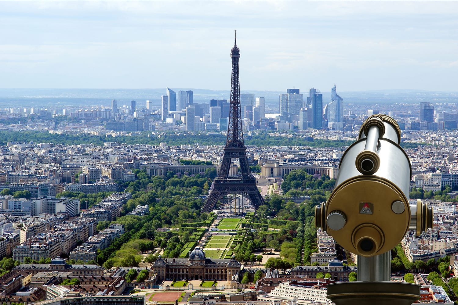 Telescope viewer and city skyline at daytime. Paris, France. Taken from the tour Montparnasse