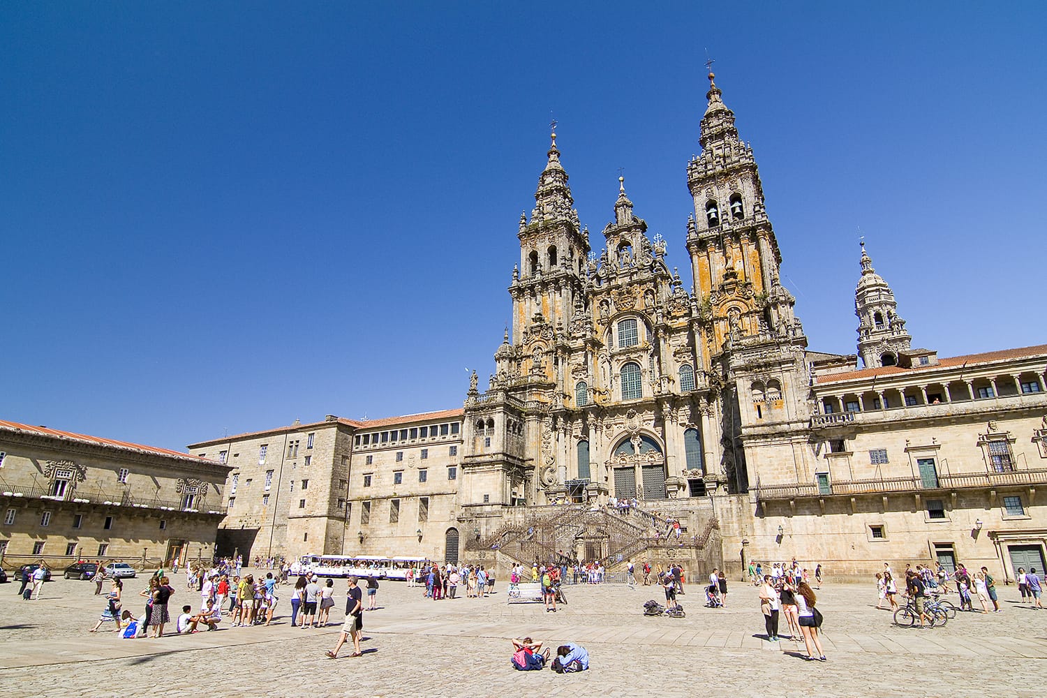 View of Obradoiro square and cathedral of Santiago, one of the most important Christian pilgrimage places, in Santiago de Compostela, Spain.