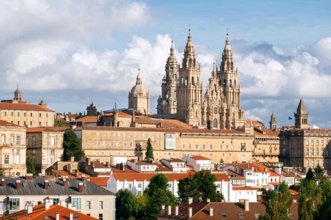 Santiago de Compostela view in Galicia, Spain and the amazing Cathedral with the new restored facade