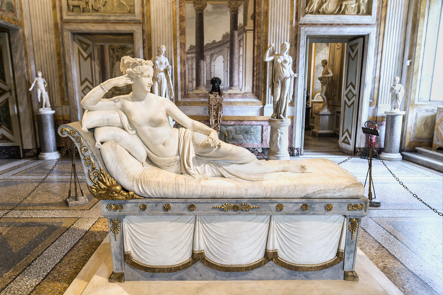 Magnificent sculpture of Pauline Bonaparte masterpiece by famous sculptor Antonio Canova in Galleria Borghese, Rome, Italy