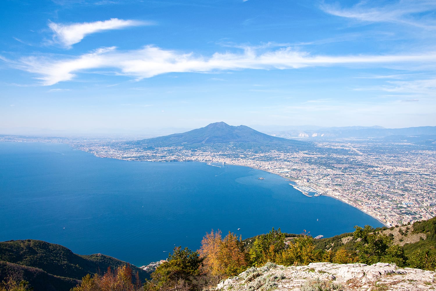 View from Monte Faito to the coast of Torre Annunziata and Castellammare di Stabia and Mount Vesuvius, Italy