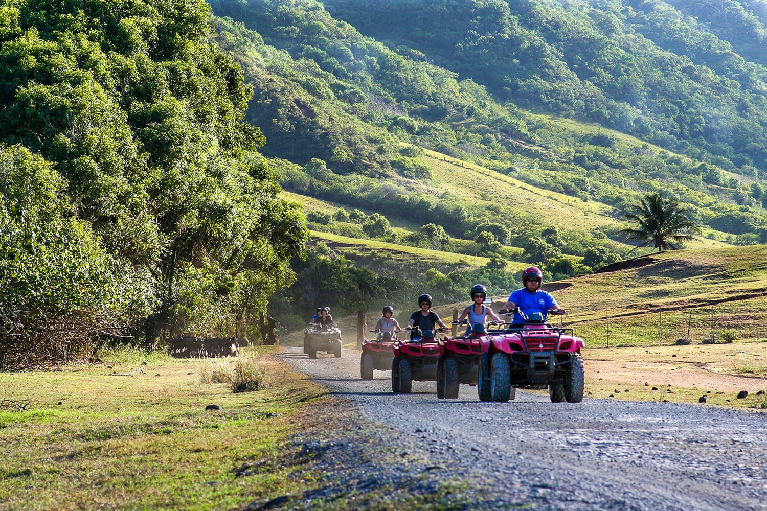 A tour group riding ATVs on the Kualoa Ranch in Oahu, Hawaii