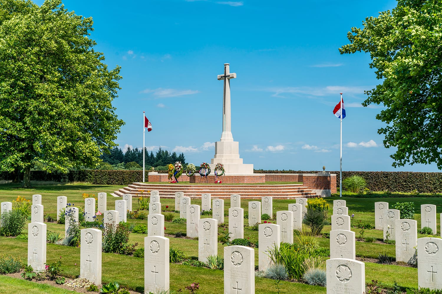 Graves and the monument at the Canadian War Cemetery and Memorial in Groesbeek, Netherlands