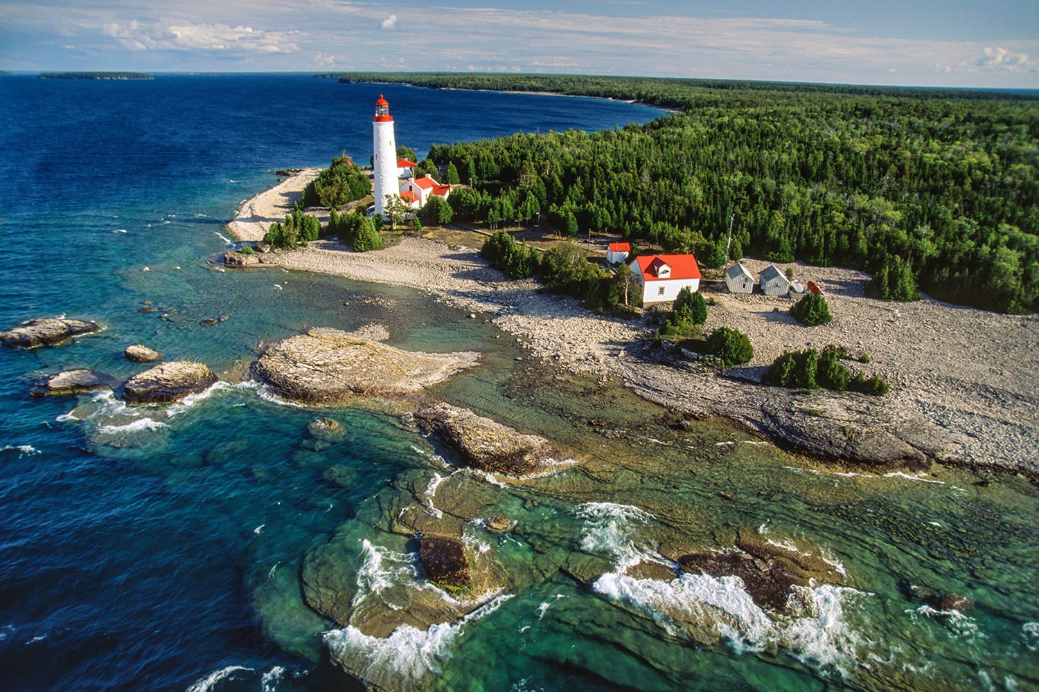 Aerial image of Cove Island Lighthouse, Bruce Peninsula, Ontario, Canada