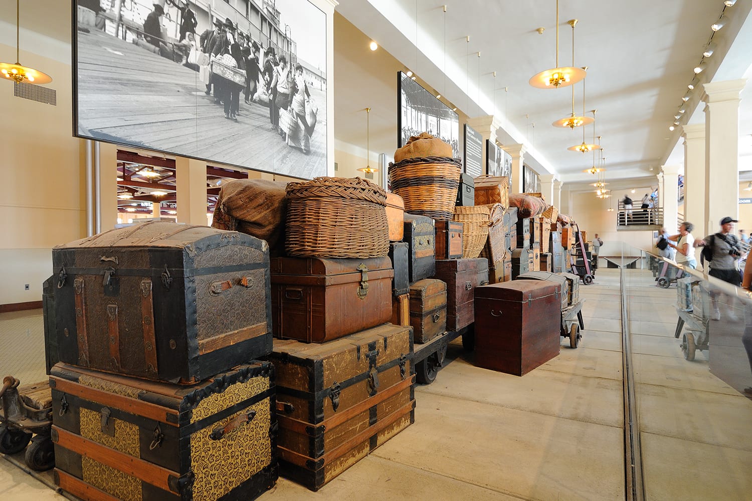 Vintage luggage on display at the Ellis Island Museum