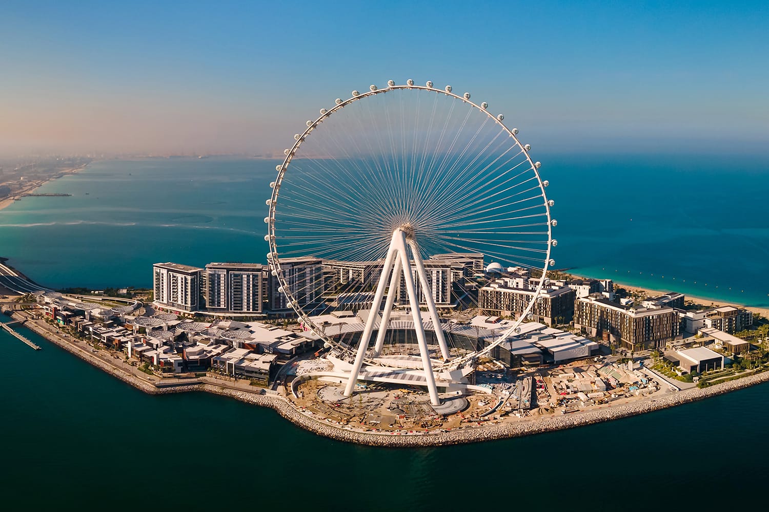 An aerial view of Bluewaters island and Ain Dubai ferris wheel