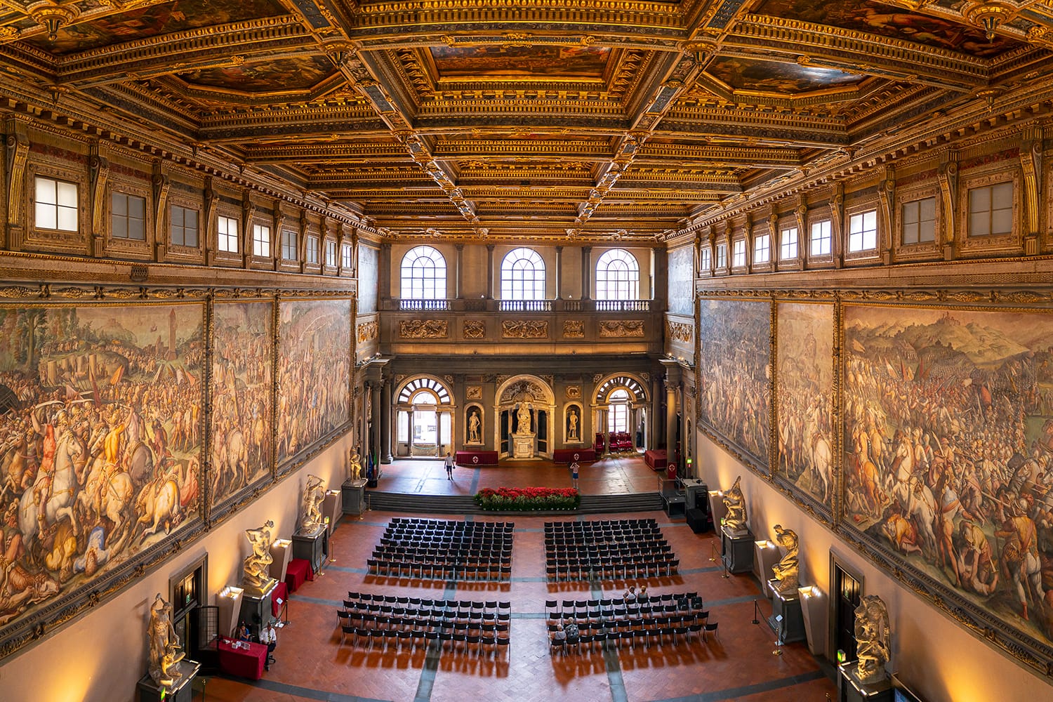 Panoramic view to Salone dei Cinquecento (Hall of the Five Hundred) at Palazzo Vecchio in Florence, Italy