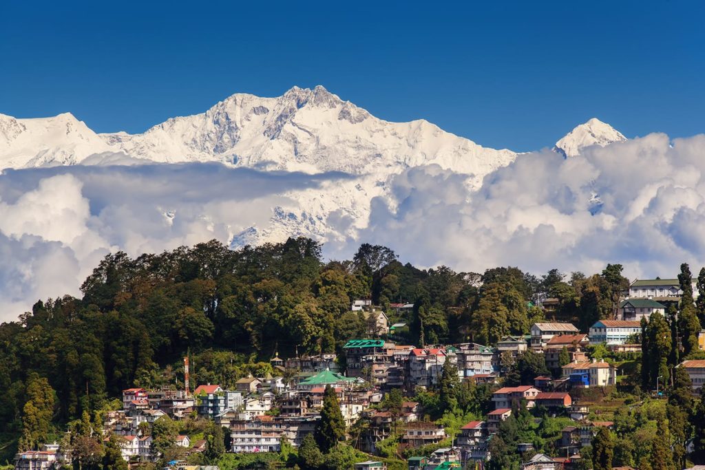 Darjeeling and the Kangchenjunga mountains in the background.