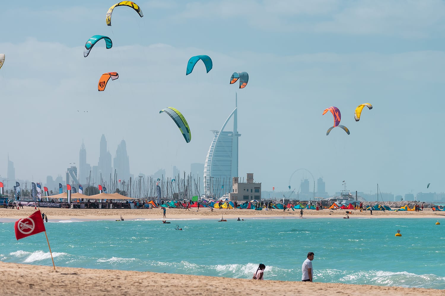 A view of colorful kite flying over Kite beach in Dubai
