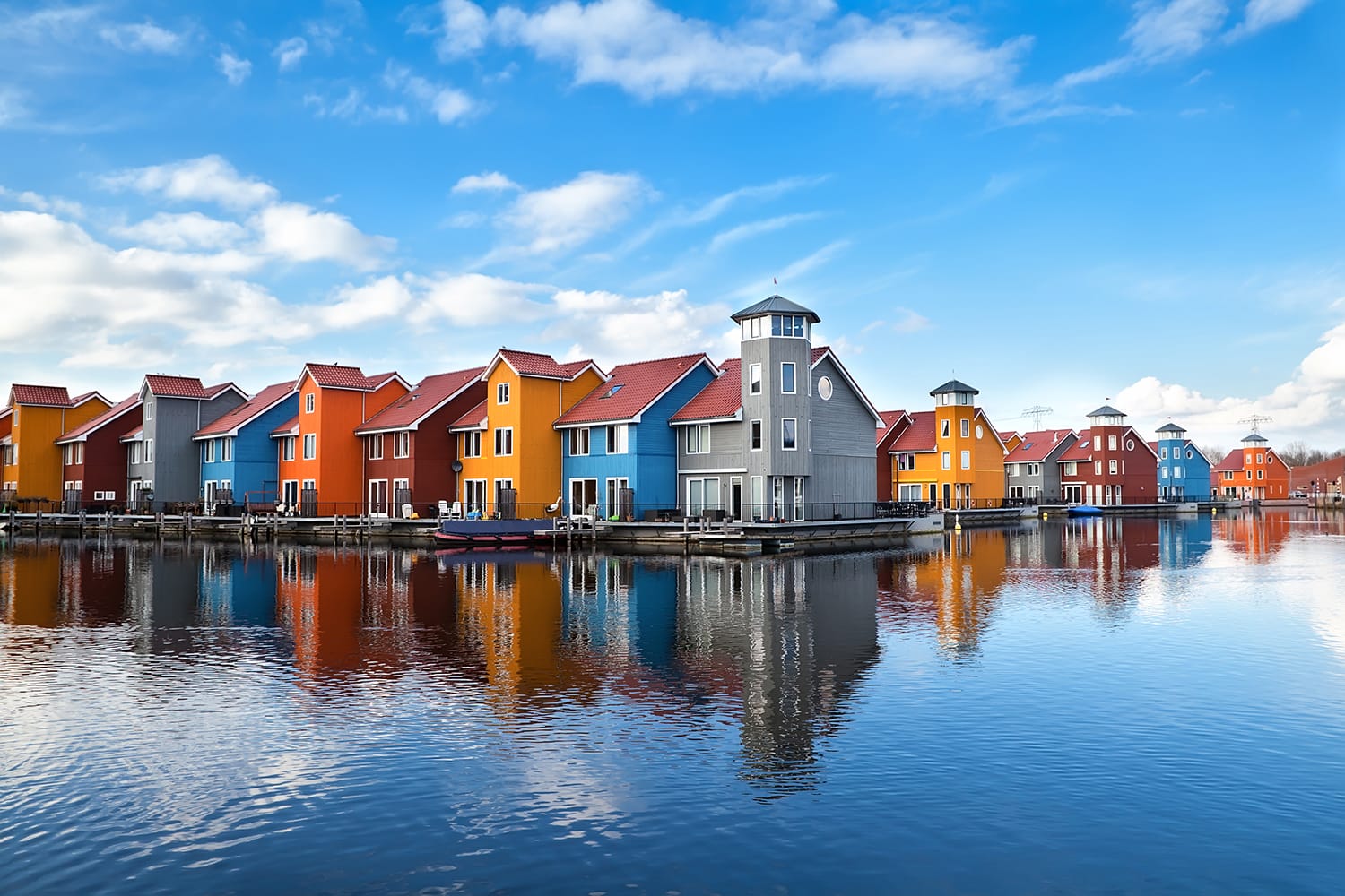 Reitdiephaven - colorful buildings on water in Groningen, Netherlands