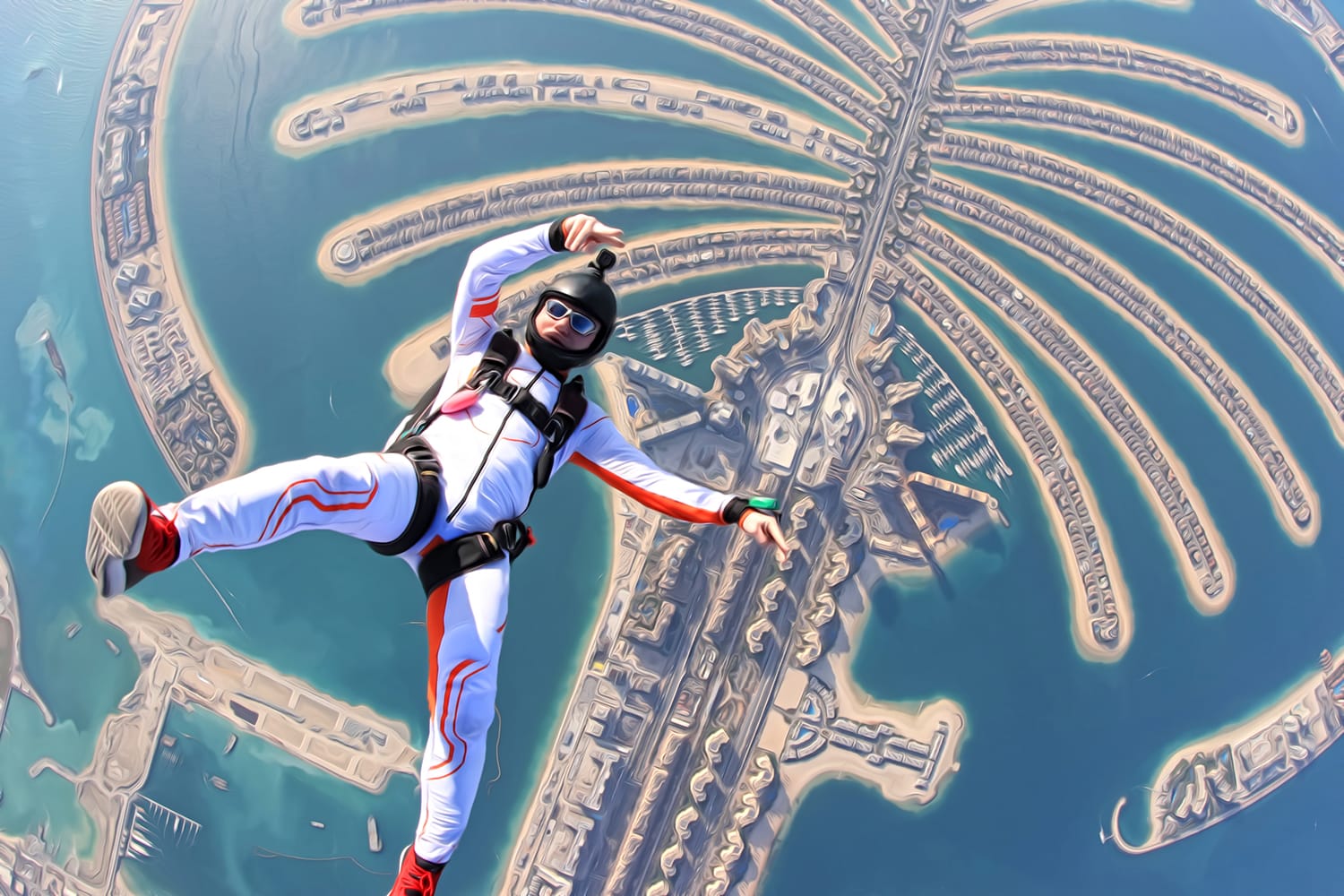 A man skydiving over the Dubai palm