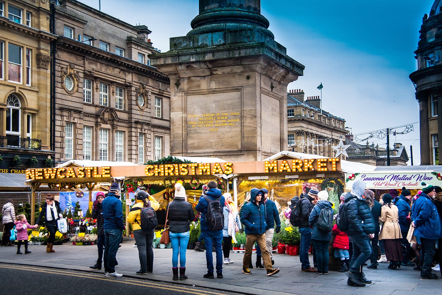 Newcastle Christmas market at Greys Monument in Newcastle City Centre, UK