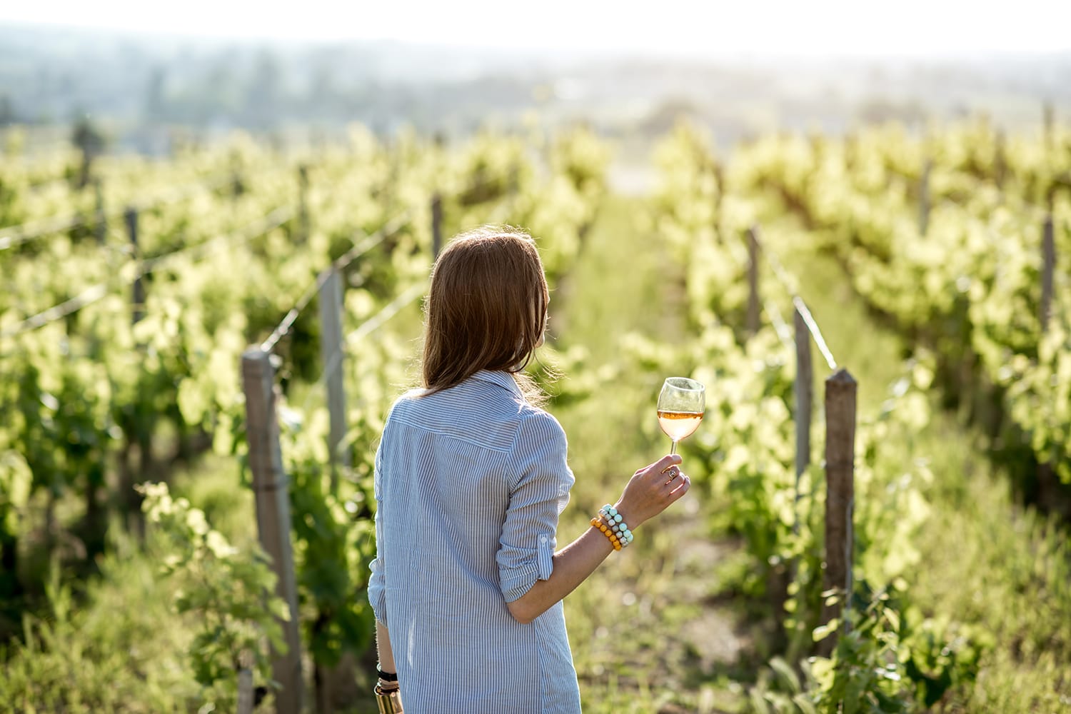 Woman looking over vineyard in Bordeaux, France