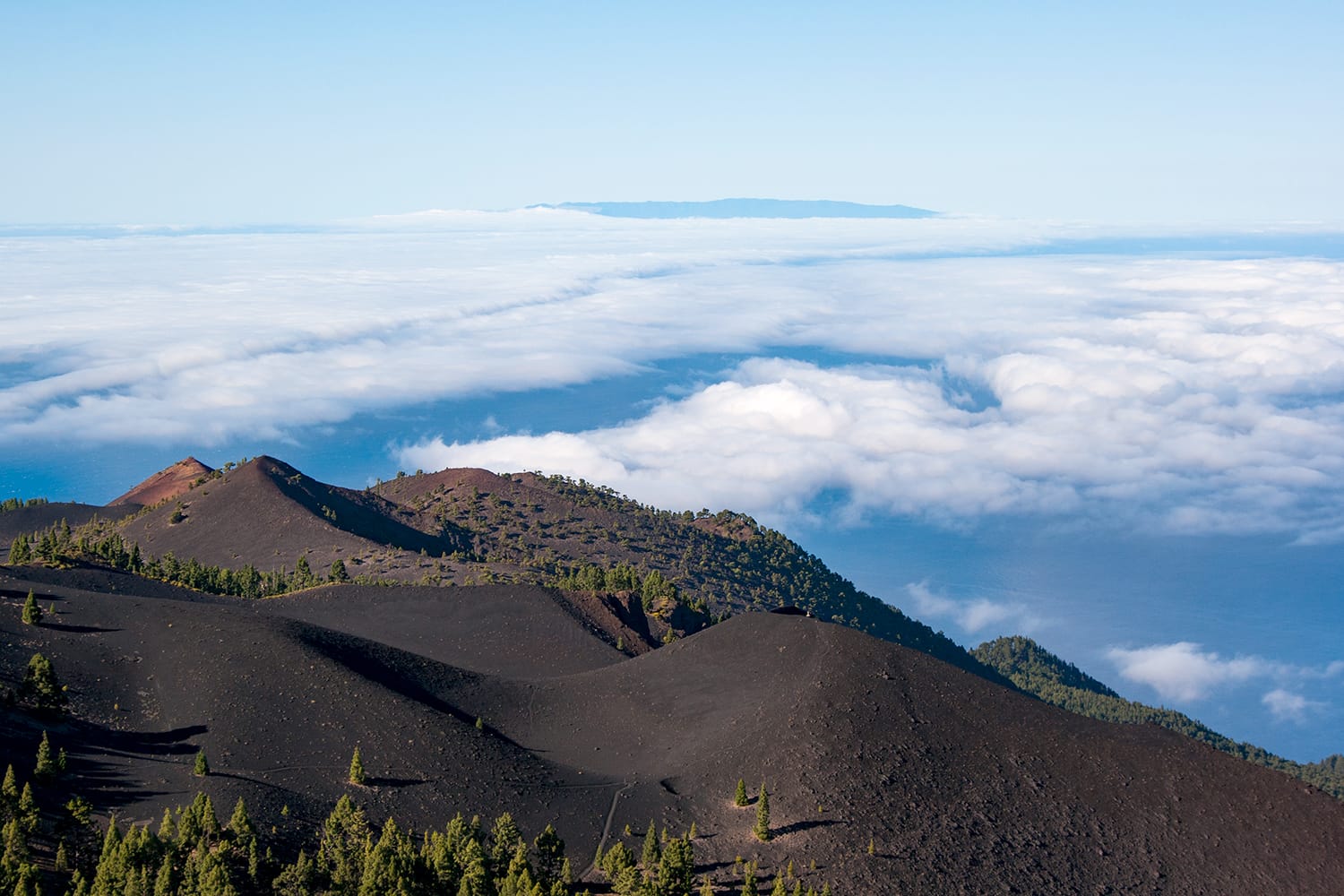 Views of Martin Volcano in Cumbre Vieja Natural Park and El Hierro island on the backround.