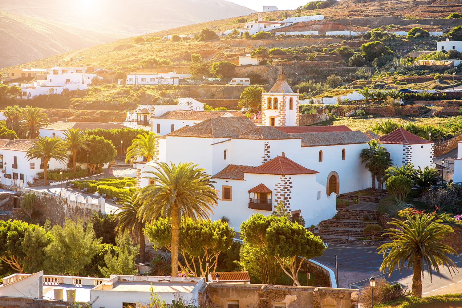 View on Betancuria village with church tower on Fuerteventura island in Spain