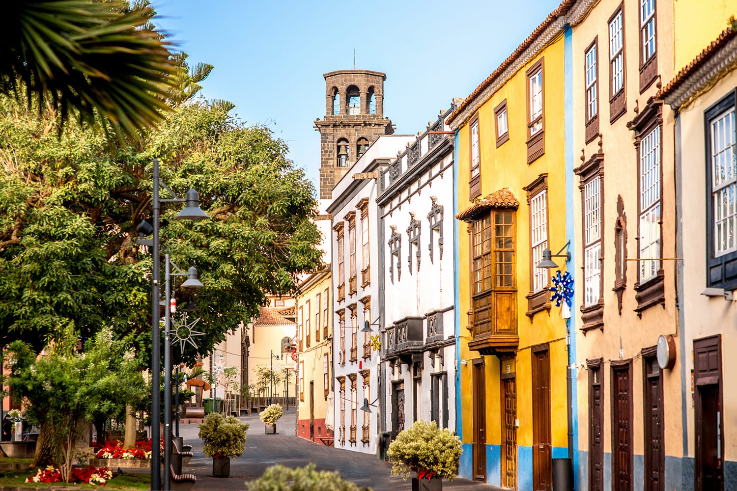 City street view with church tower in La Laguna town on Tenerife, Canary Islands