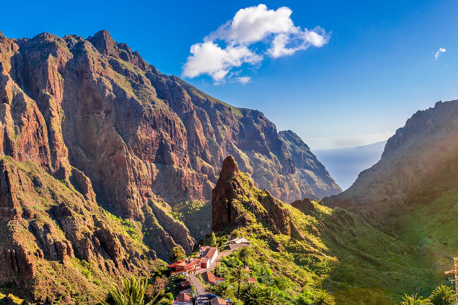 View of Masca village with palms and mountains, Tenerife, Canary islands, Spain