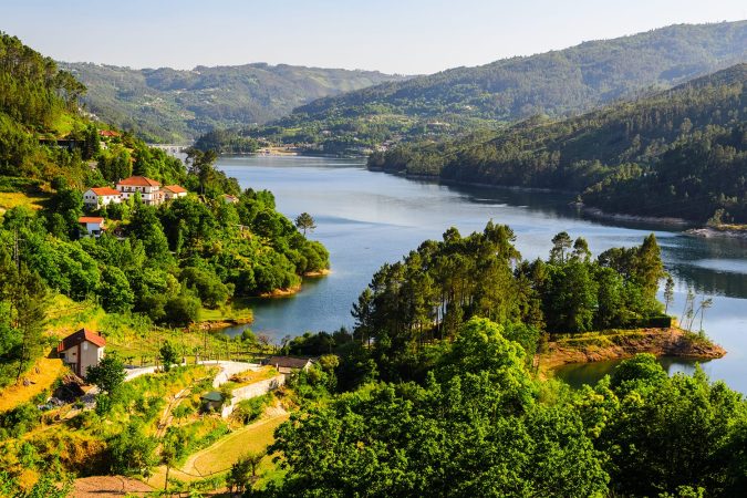 Scenic view of Cavado river and Peneda-Geres National Park in northern Portugal.