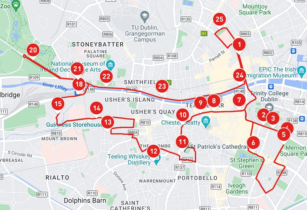 Peta rute bus wisata Big Bus di Dublin
