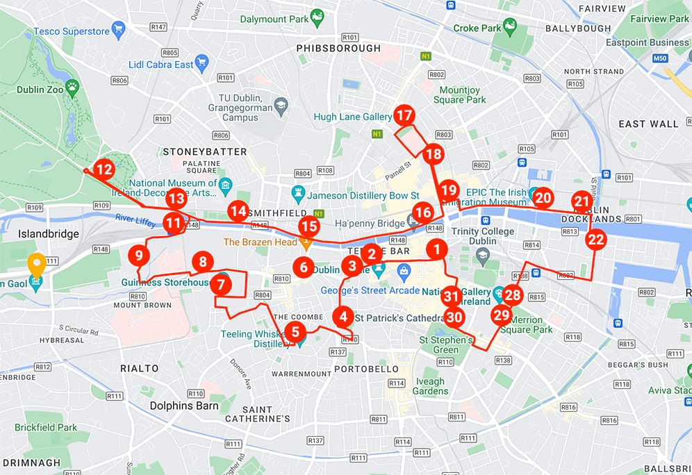 City Sightseeing Dublin Hop-On Hop-Off Bus Tour Map
