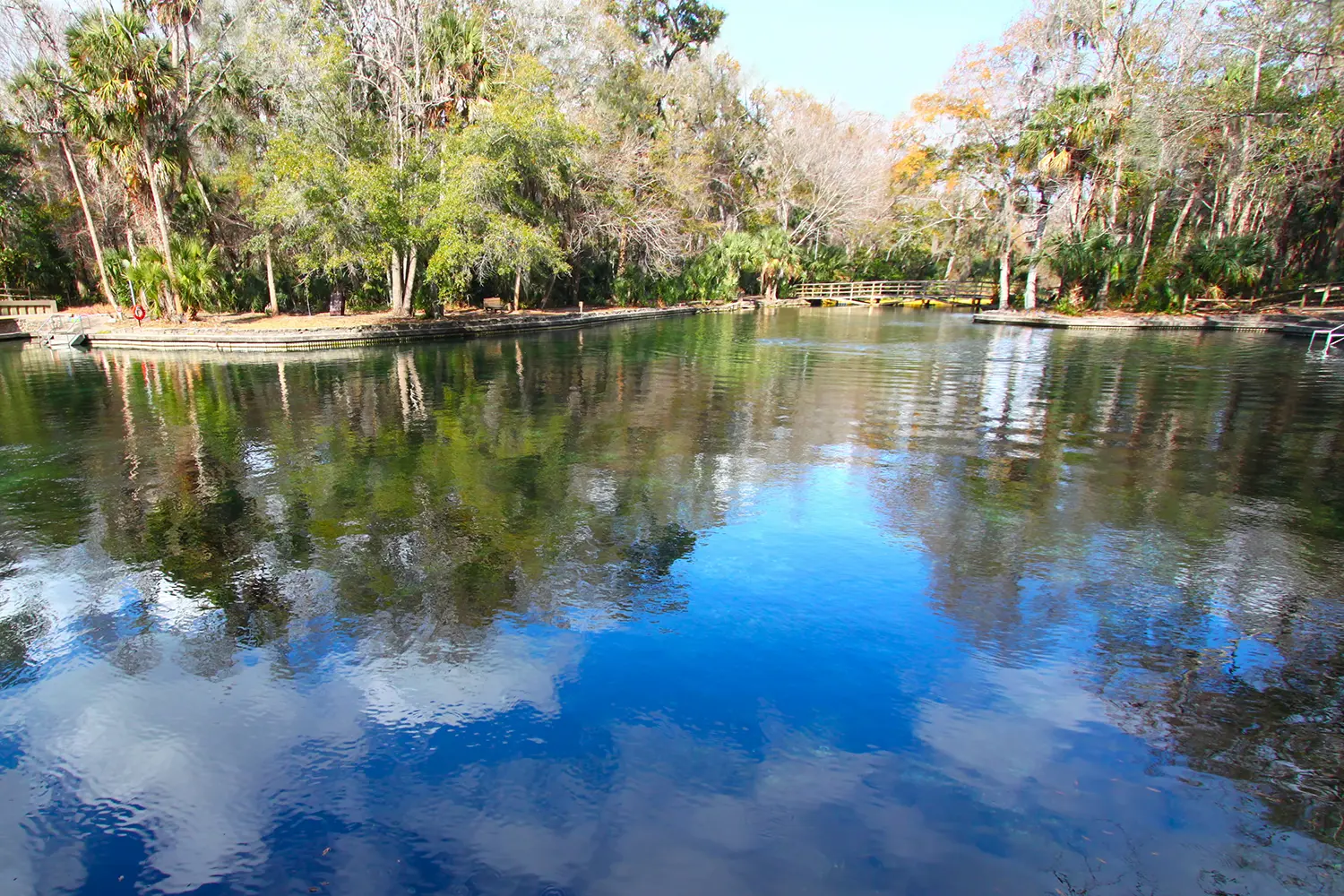 Clouds reflect off the waters of Wekiwa Springs State Park in central Florida.