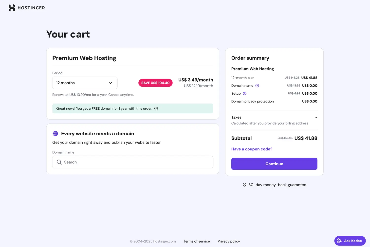 Hostinger cart page