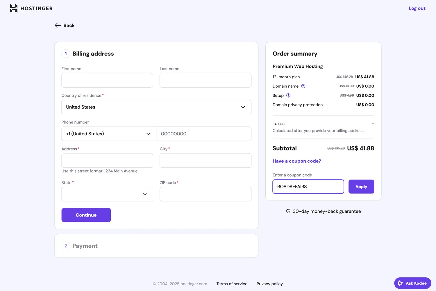 Hostinger checkout page